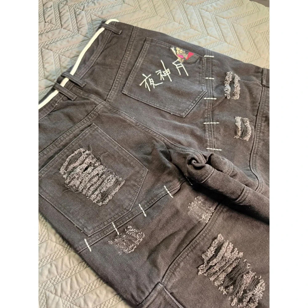 Sora Cruel Fate Distressed Cargo Pants Black Denim Heart Embroidery Mens Large